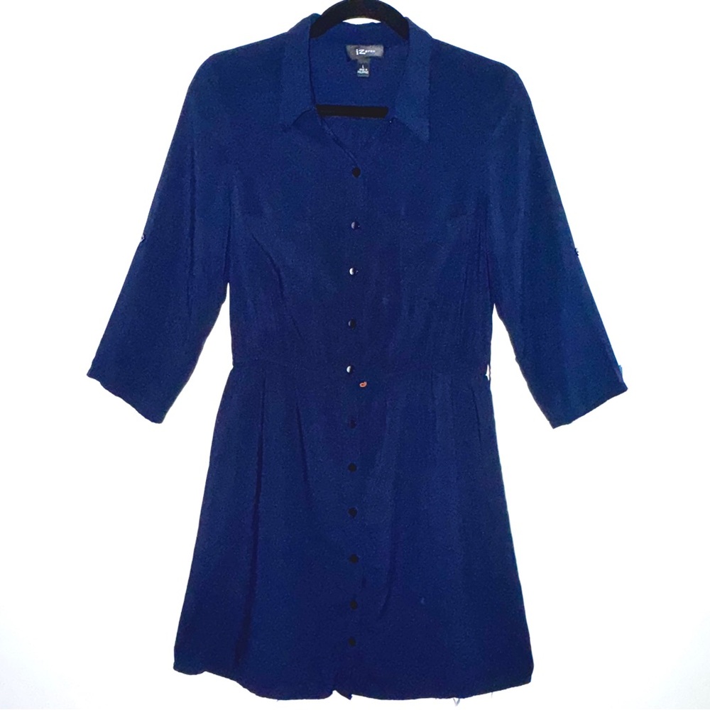 Iz Byer Navy Blue Button‎ Front Shirt Dress 3/4 Sleeve Collared Size Large